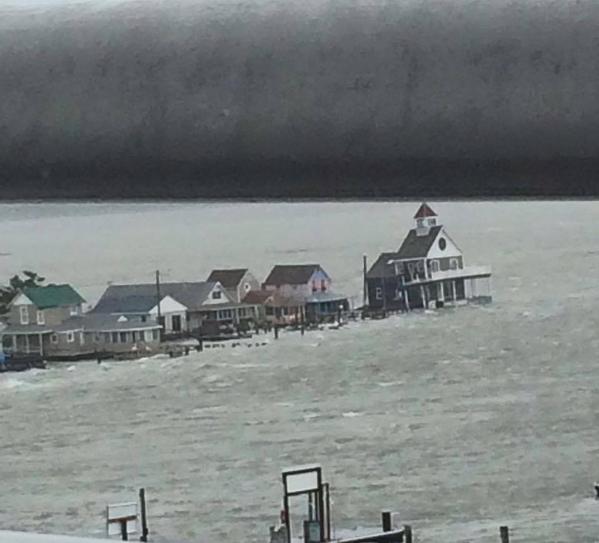 Grassy Sound in North Wildwood, NJ is pretty much under water. Next ocean high tide: midnight. 