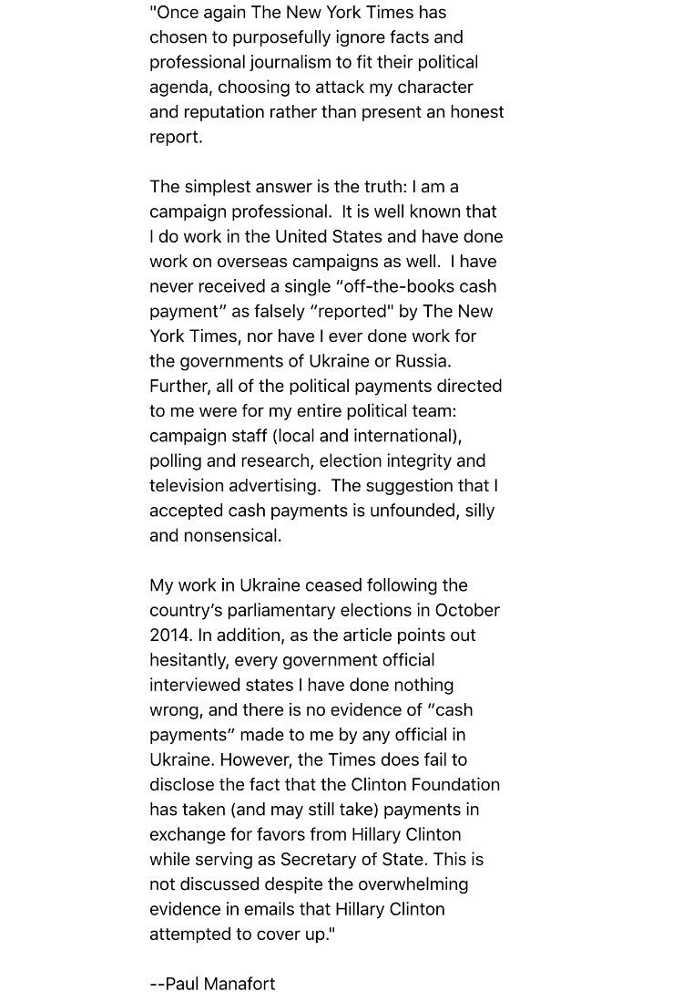 Trump campaign manager Paul Manafort responds to the NYT story that he took secret payments from a Putin ally