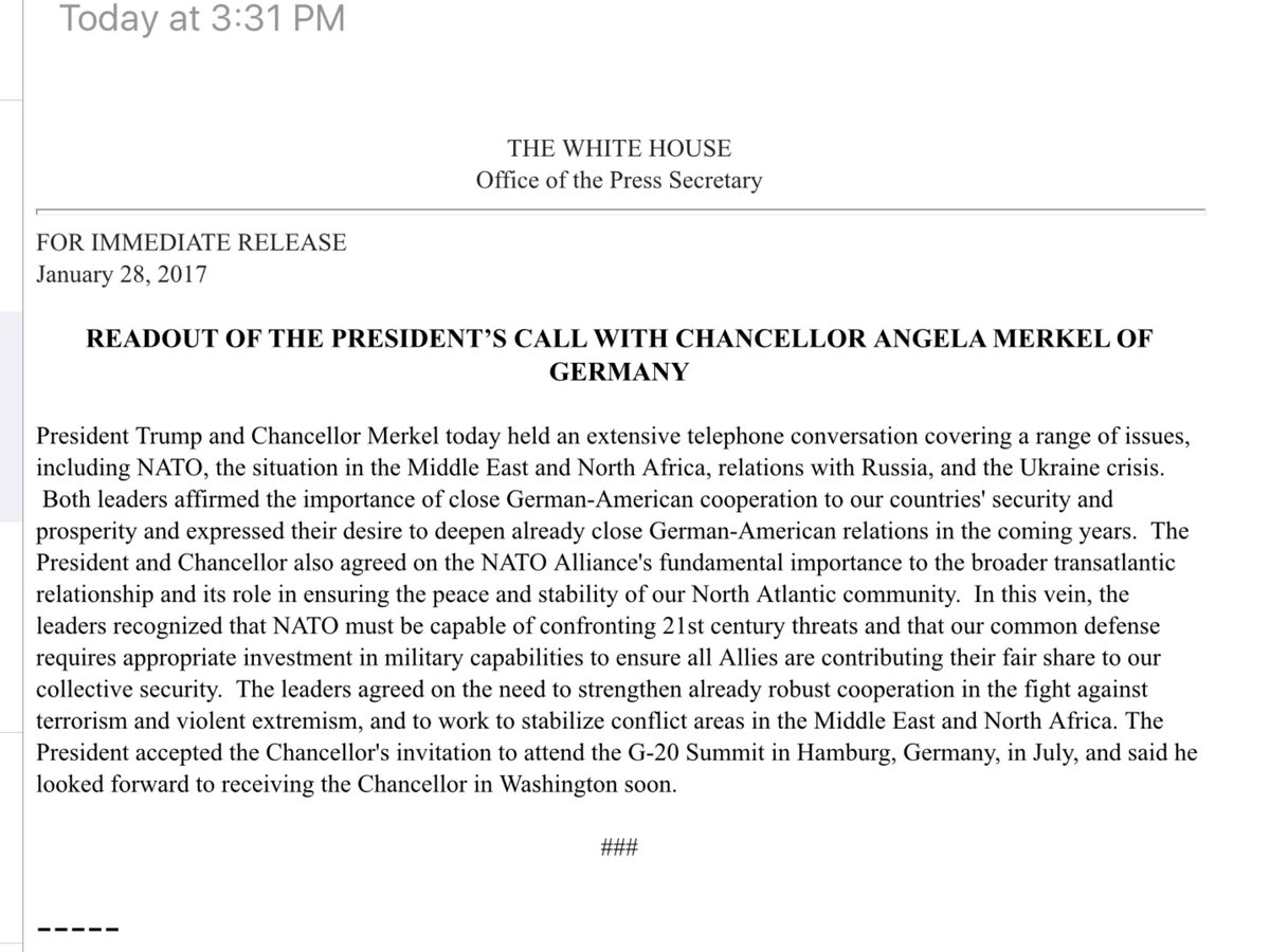 White House readout of Trump Merkel call  