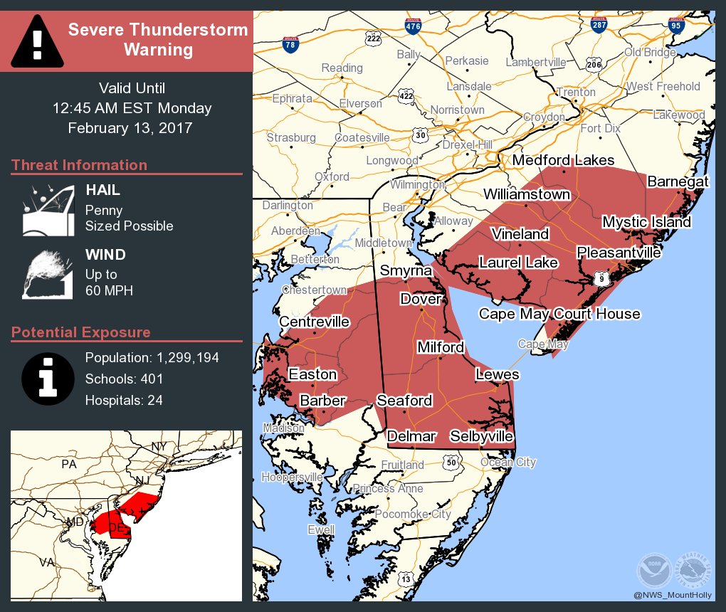 Severe Thunderstorm Warning including Vineland NJ, Dover DE, Millville NJ until 12:45 AM EST  