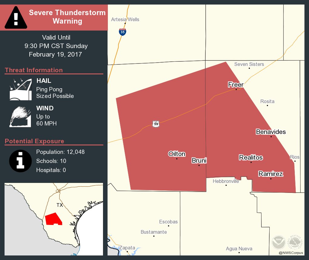 Severe Thunderstorm Warning including Freer TX, Benavides TX, Bruni TX until 9:30 PM CST  