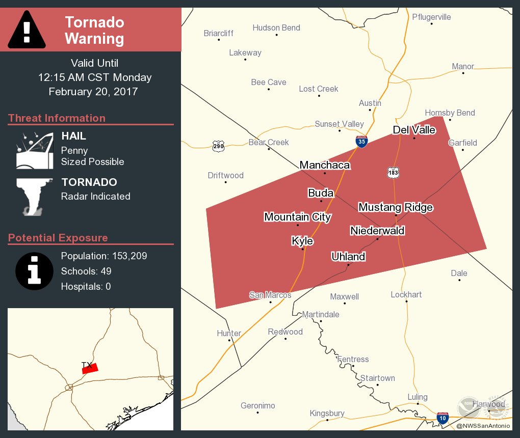 Tornado Warning including Kyle TX, Buda TX, Manchaca TX until 12:15 AM CST  