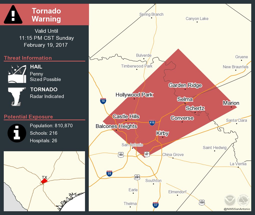 Tornado Warning including Schertz TX, Universal City TX, Converse TX until 11:15 PM CST  