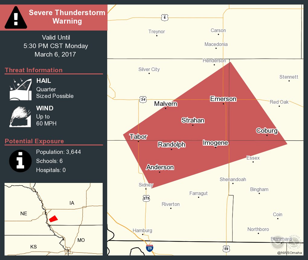 Severe Thunderstorm Warning including Malvern IA, Tabor IA, Emerson IA until 5:30 PM CST  