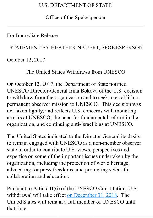 US @StateDept statement on UNESCO withdrawal