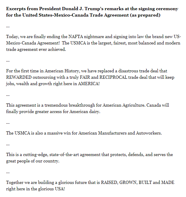 U.S. President Donald Trump is holding a signing ceremony for the new NAFTA trade deal (or the United States-Mexico-Canada, USMCA, as they call it in Washington). Trump says they are finally ending the 'NAFTA nightmare.' 