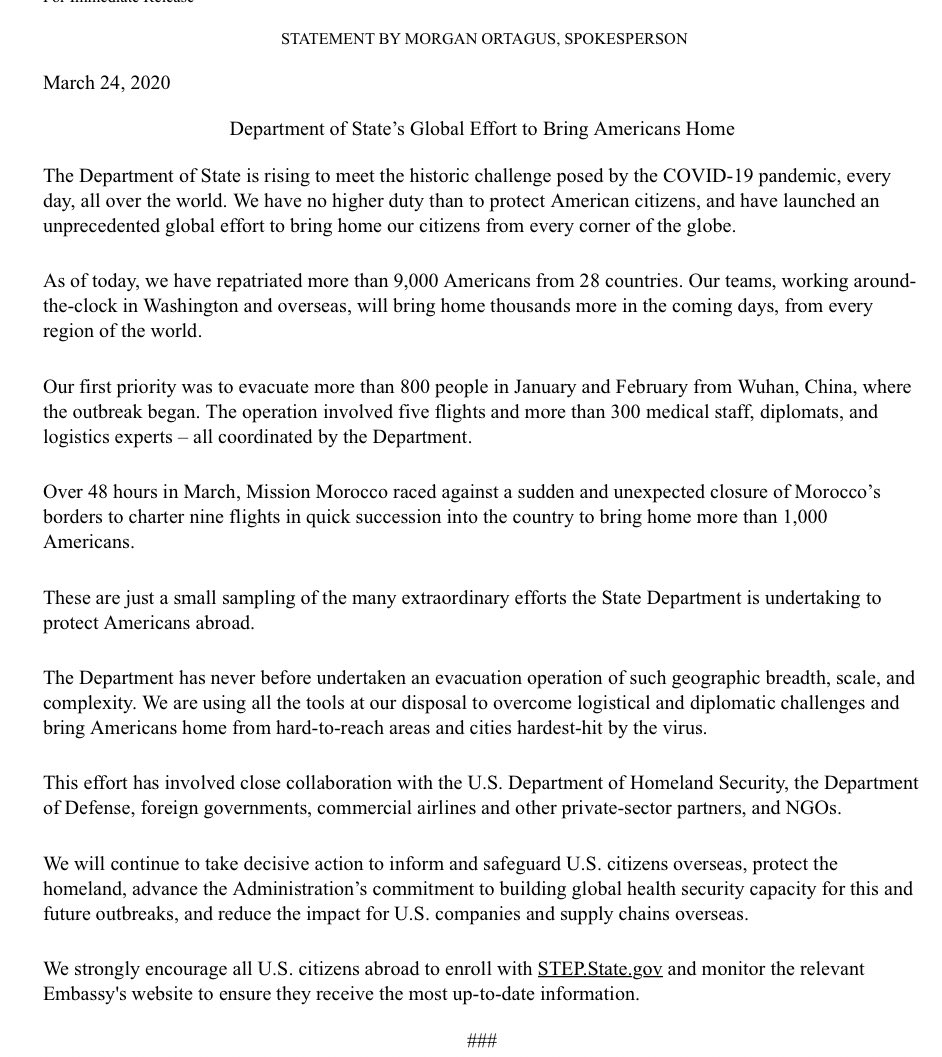 State has repatriated more than 9,000 Americans from 28 countries, & will bring home thousands more in the coming days, says @statedeptspox.  Adds: The Department has never before undertaken an evacuation operation of such geographic breadth, scale, and complexity.