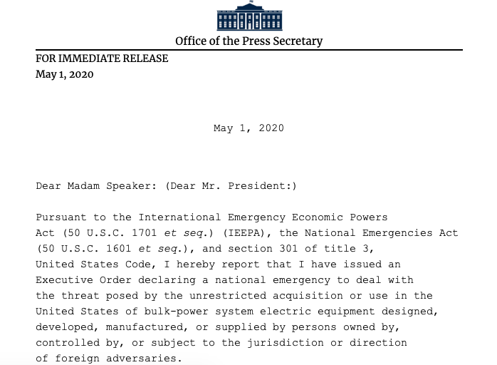 Exec order issued by @POTUS  declaring a national emergency concerning bulk-power system electric equipment