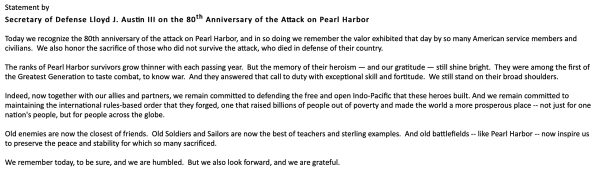 Statement from @SecDef Lloyd Austin on the 80th Anniversary of the Attack on Pearl Harbor