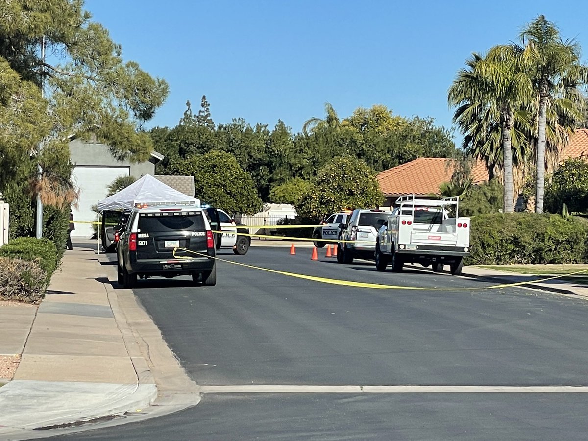 Mesa police say a 49-yo man died in an officer-involved shooting this morning at The Groves neighborhood. They say he jumped a wall into someone's backyard and had a metal tool in hand, acting erratically. Police say he charged at officers twice before they fired