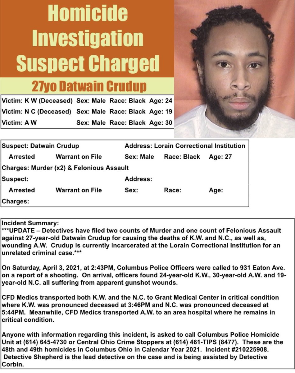 * 1/3/22-Detectives filed Murder & Felonious Assault charges against 27yo Datwain Crudup for causing the deaths of K.W. &amp; N.C., as well as, wounding A.W.  He's currently jailed@Lorain Correctional Institution-an unrelated case