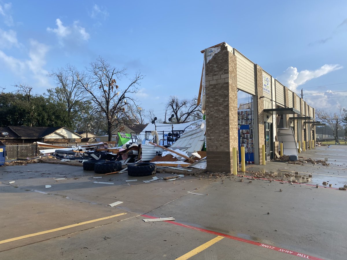 What is left of a building in Humble after severe weather passed through the area overnight.