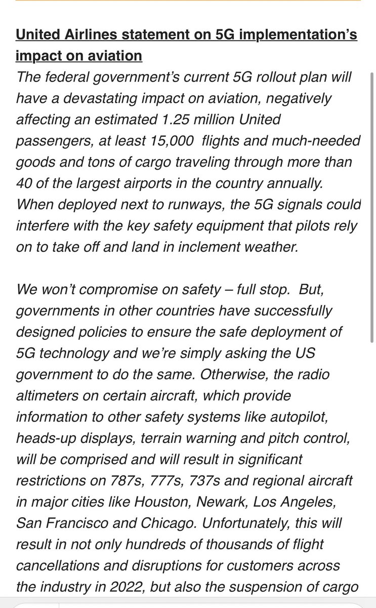 @united warns of massive impact of current U.S 5G wireless deployment plant