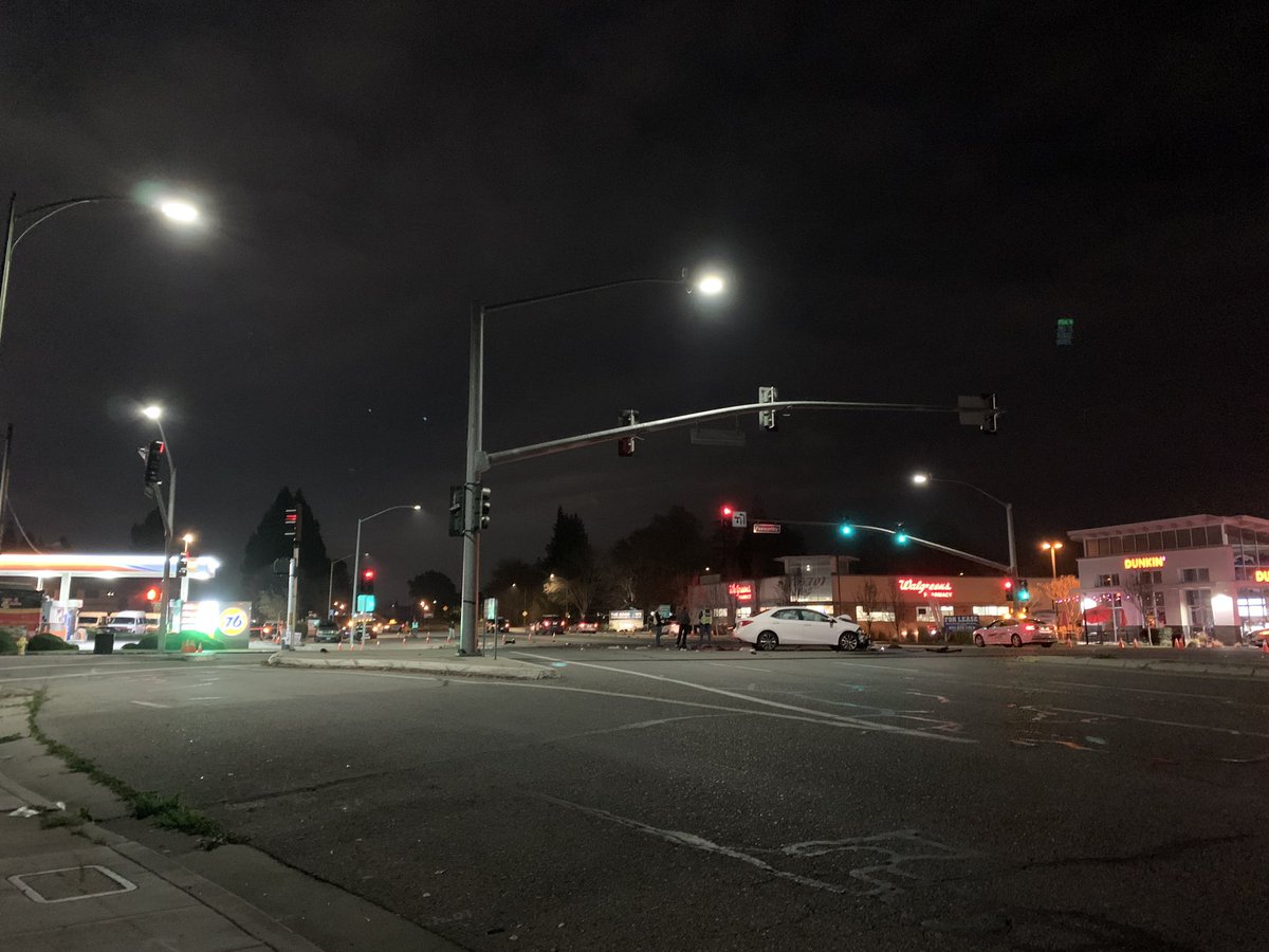 Clear trail of debris after a car crashed into three people at Foxworthy and Almaden in SanJose.   Two of them are dead, the third is injured.   The car on-scene shows airbags deployed and heavy front-end damage.