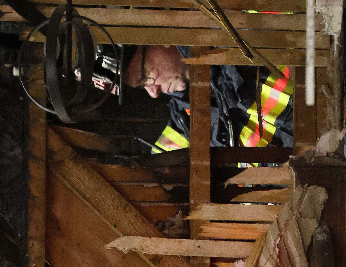 A Brockton firefighter fell through a set of stairs into the basement while battling a house fire at 69 Tilton Avenue and was transported to Good Samaritan Medical Center with non-life threatening injuries