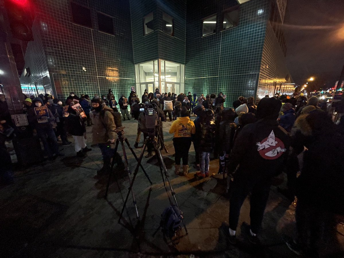 over 100 demonstrators are gathered outside of Minnesota POST Board in Saint Paul demanding they revoke Mark Hanneman's Peace Officer license. They're also calling for a state-wide ban on no-knock warrants