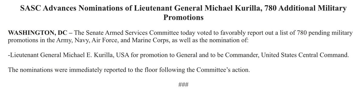 Senate Armed Services advances nomination of LTG Michael Kurilla to be the next head of US @CENTCOM