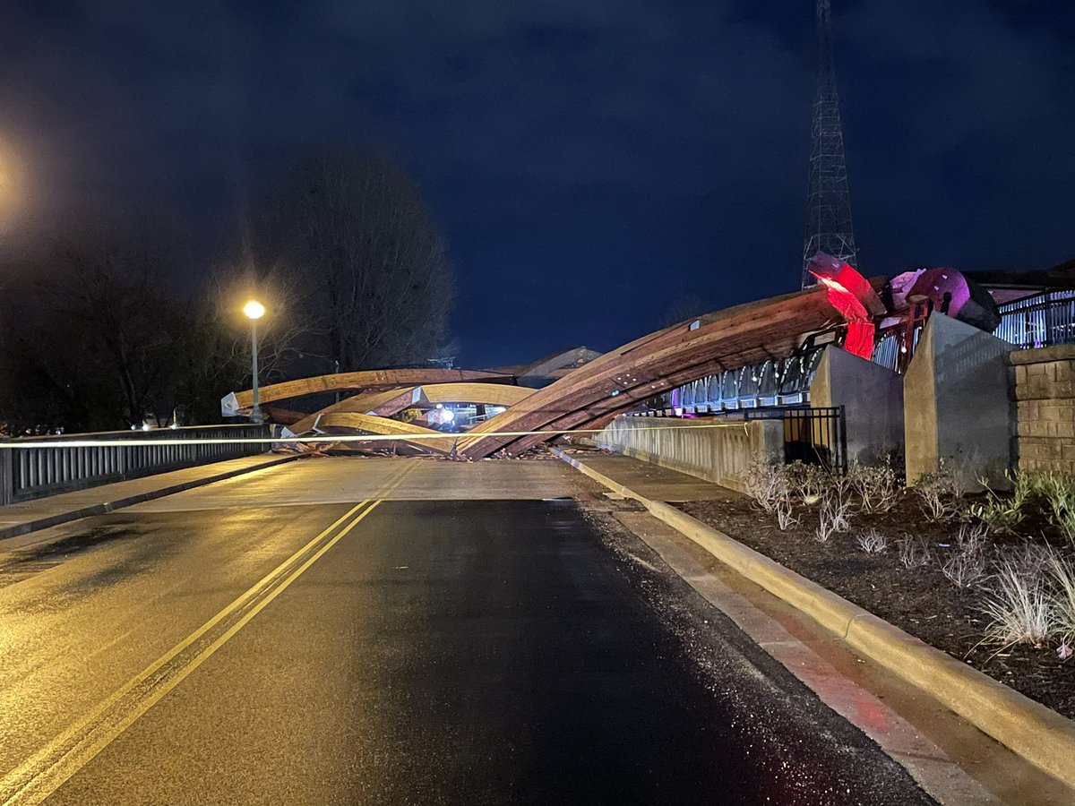 The arches over the Rudy Wright Bridge (over Hwy 127)  in Hickory have collapsed. This is part of City Walk on Main Ave NE (near the FPS Pawn Shop, Hickory Fire Station)