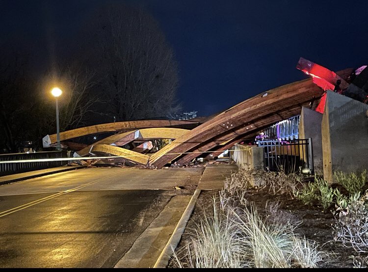 Two wooden arches over the City Walk pedestrian bridge over N.C. 127 collapsed overnight. This comes after gusty showers moved through the area but it's unclear if weather played a role in the collapse. @SharonneHayesTV captured this up close look at the damage