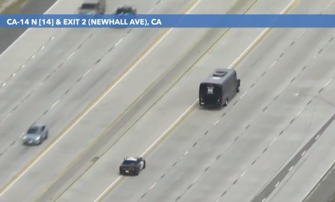 The driver is now on the 14 Freeway and is heading into the Newhall area