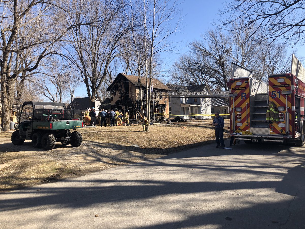 Greeley, KS where the undersheriff confirms there was a deadly fire this morning.  It looks like the flames touched every corner of this home near Mitchell and Main. Olathe Fire is here working to stabilize the home so they can recover the bodies of 2 adults and 1 child