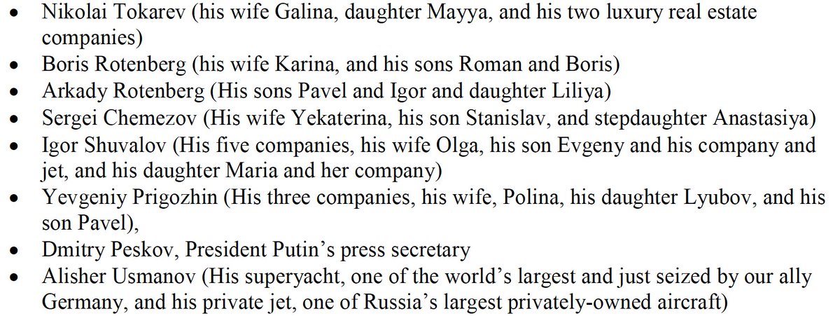 List of individuals, family members & companies hit with  full blocking sanctions – officials make clear this list, which builds on individual sanctions already imposed in the last week, will continue to grow