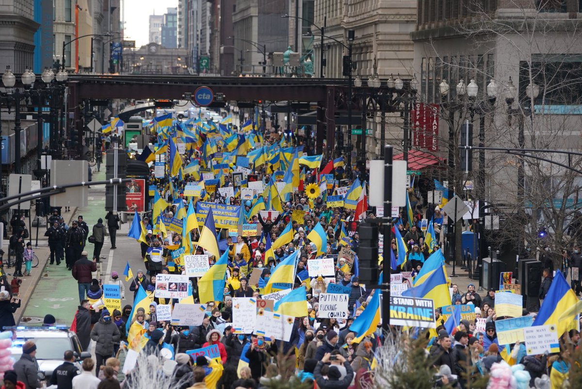 Thousands are chanting, Close the sky. and marching through the Loop right now in support of Ukraine