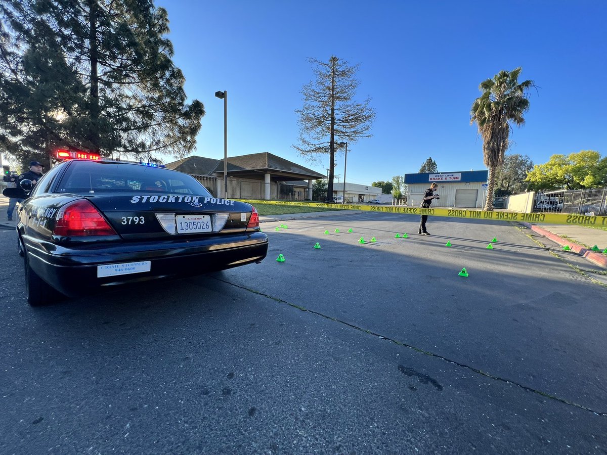 Scene of a homicide investigation in Stockton where a shooting left one man dead and three others wounded. The shots rang out just after midnight near the West Ln Brake & Tune mechanic shop at Knickerbocker Dr. &amp; West Ln. No suspect info at this time