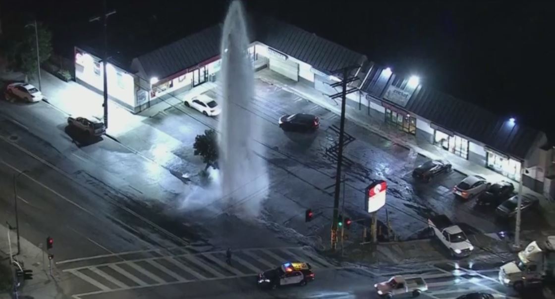 A hydrant sheared by a car has sent water shooting hundreds of feet into the air in Boyle Heights