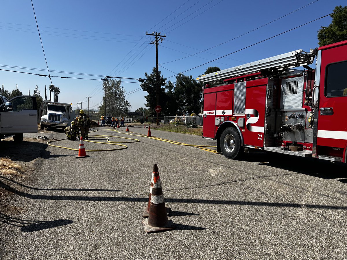 Gas Leak:RPT@8:13 a.m Cherry Ave. X Grand Ave. in Cherry Valley. Three inch natural gas line struck. One residence evacuated, approximately 12 residences sheltered on place. No injuries reported. Southern California Gas Company (SoCalGas) on scene, making repairs