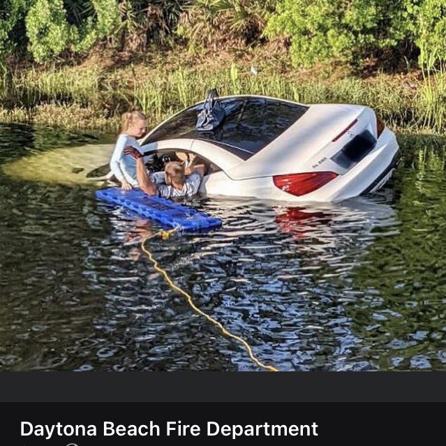 Female driver rescued from pond by @DaytonaBeachFD this am seconds before vehicle submerged. Driver wound up in water off Williamson Blvd on @Target store property. She wasn't hurt but couldn't get out of car on her own.