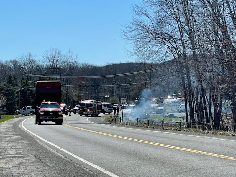 Sterling Mine Rd is closed between Eagle Valley Rd to Arcadia Ct. A dump truck pulled down wires causing a brush fire.  Sloatsburg Fire Department is on scene.