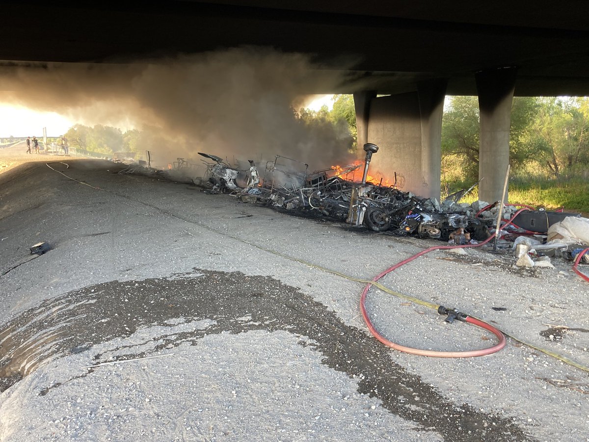 Incident info: Homeless debris fire under eastbound I-80 west of Norwood Ave. multiple engines and a water tender were needed due to no hydrants in the vicinity . Decking  of the freeway is not damaged. No injuries reported