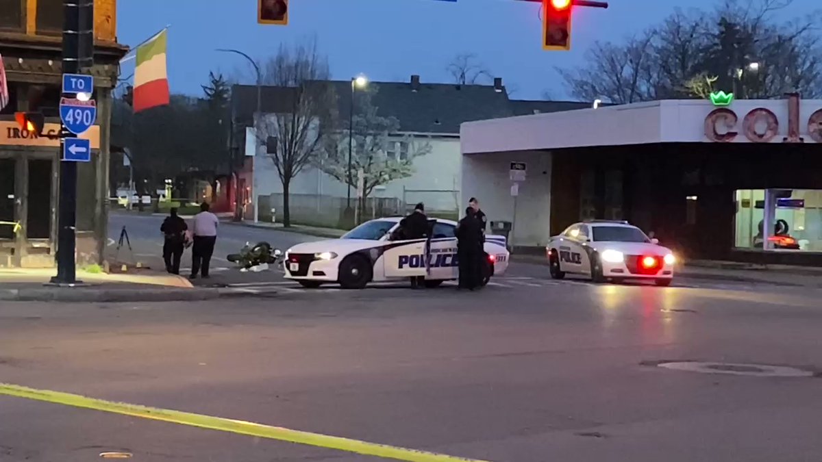 RPD on scene of what looks like a serious crash involving a Motorcycle. State Street, Lake Ave. Lyell Ave and Smith Street intersection all closed down.