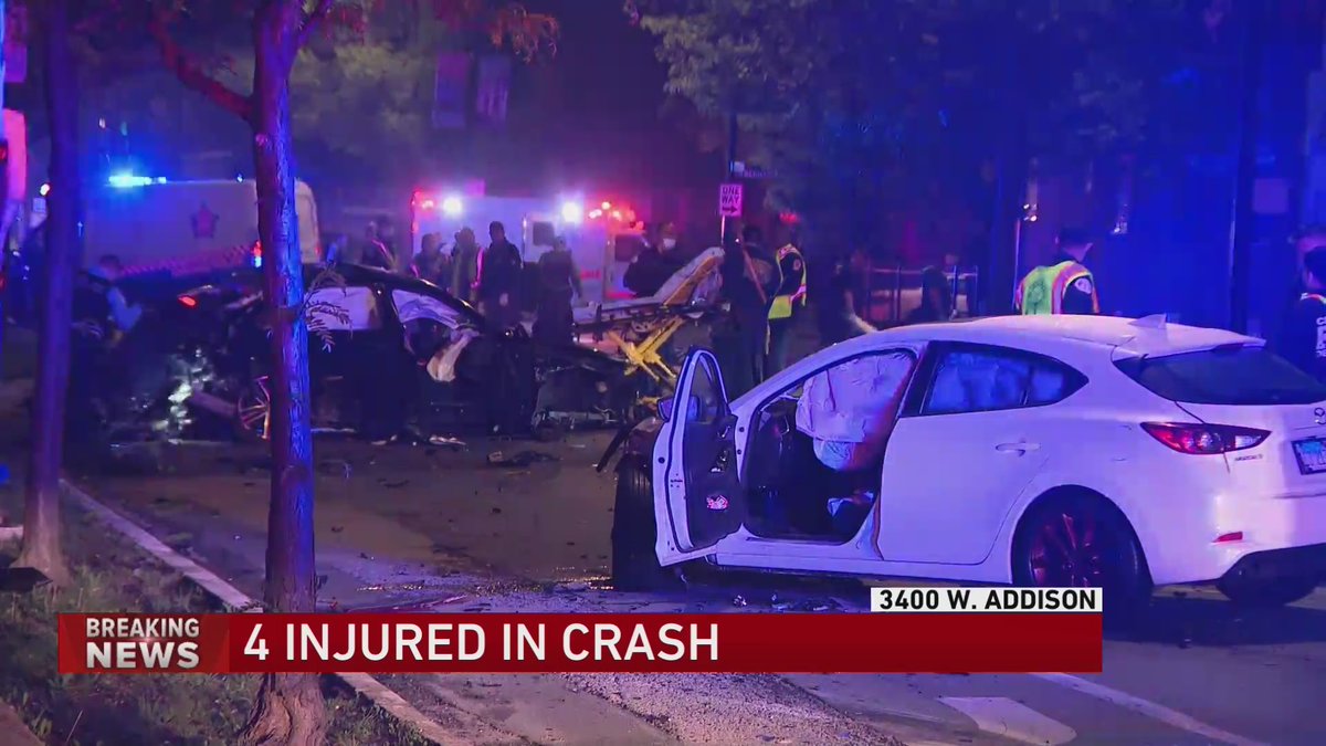 Driver of back vehicle went through a red light on Addison at Kimball and hit the white Mazda.    Driver of the Mazda transported to hospital in good condition; Driver and 2 others in black Infiniti transported with  non-life threatening injuries