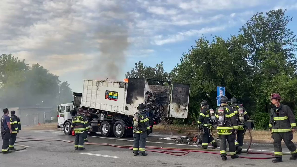 On the off-ramp to 59th Street from Eastbound Highway 50, Firefighters fully extinguished a commercial dumpster that had caught fire