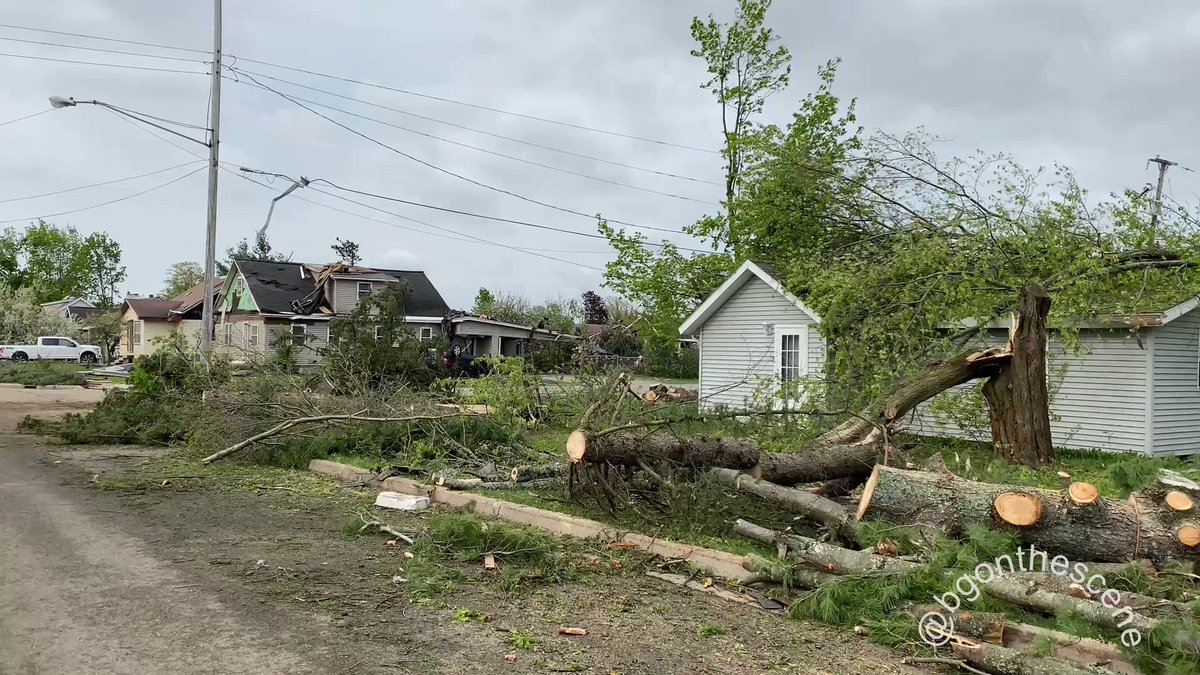 Many homes severely damaged, with a large number of downed trees from Friday's tornado here in Gaylord. Residents and emergency crews have been working to clear debris throughout the day