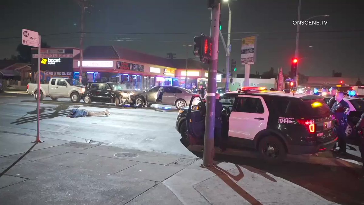 Shooting crash at Florence / Figueroa last night. One victim (who is a possible suspect) with GSW pulled out by LAPD at gunpoint