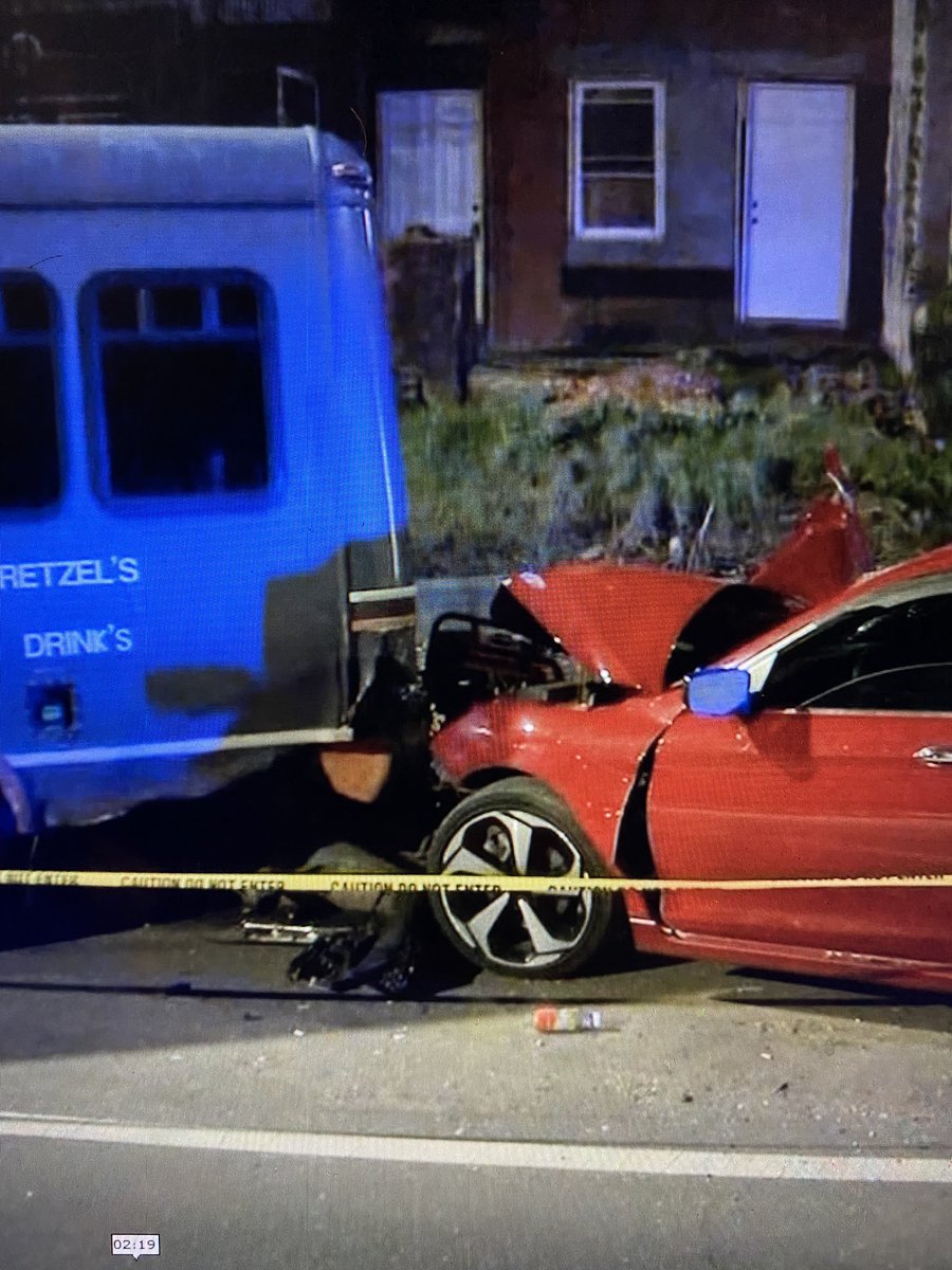 DEADLY CRASH: A 9 year old was killed when this red car crashed into an unoccupied parked mini bus at Germantown and Erie last night.