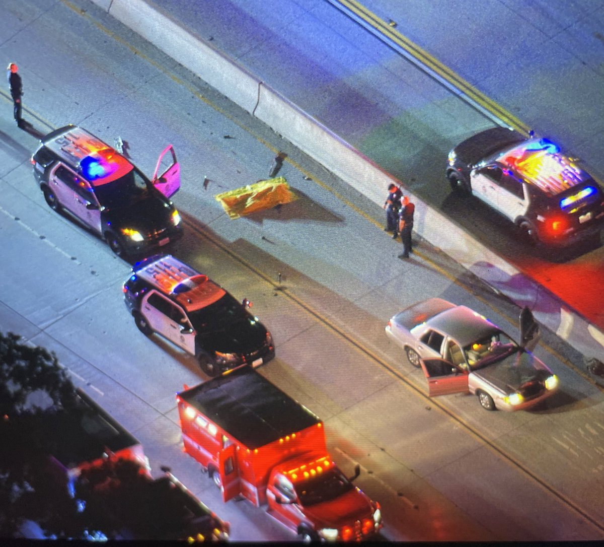 A pedestrian has been hit and killed by someone driving an LAPD vehicle in North Hollywood. 170 North at Victory, you can see the  dent on the hood of this older Crown Victoria. Appears to have been a homeless person. Freeway is closed at Victory Eastbound