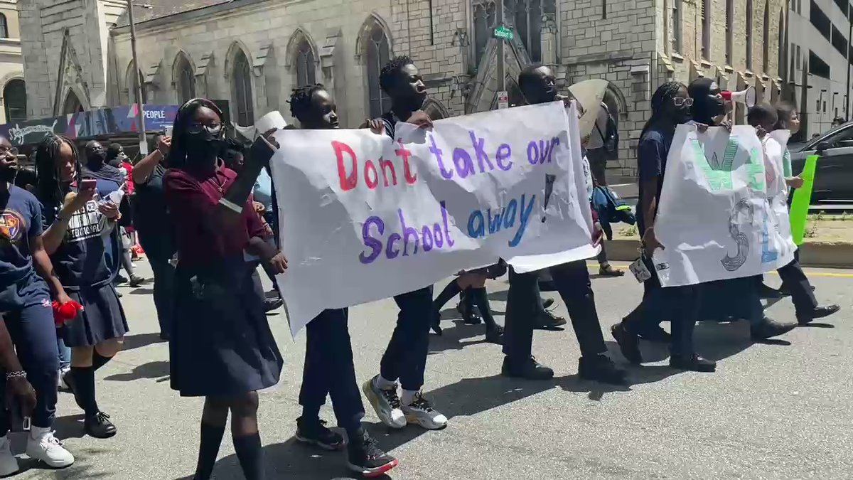 School choice now. shouted a large crowd as they walked up Broad St. toward city hall. The African American Charter School Coalition and other groups are protesting the Philadelphia Board of Education's recommendation to non-renew two black founded and led charter schools