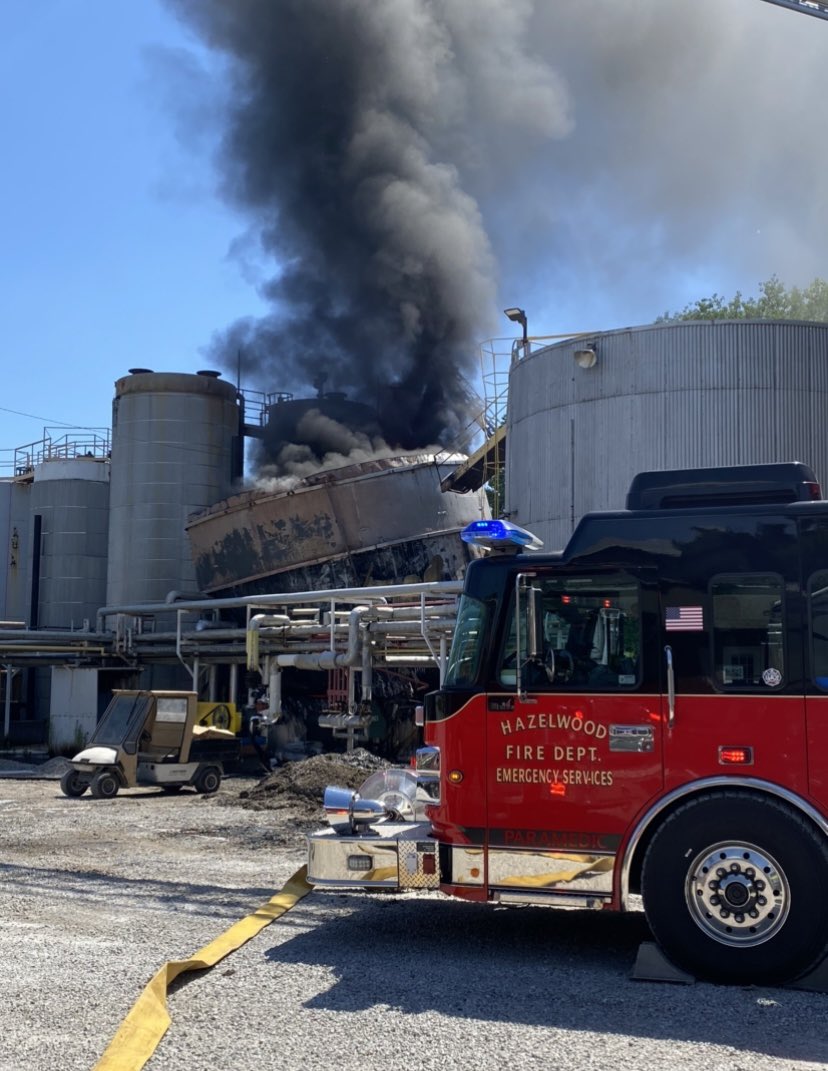 Emergency crews are on the scene of a tank explosion in Hazelwood  Authorities said a 2,200-gallon asphalt tank caught on fire and a nearby generator exploded