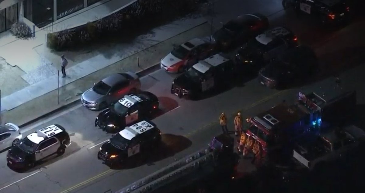 LAPD CHP Sherman Way and Haskell  Officers are wearing helmets and have a command post set up