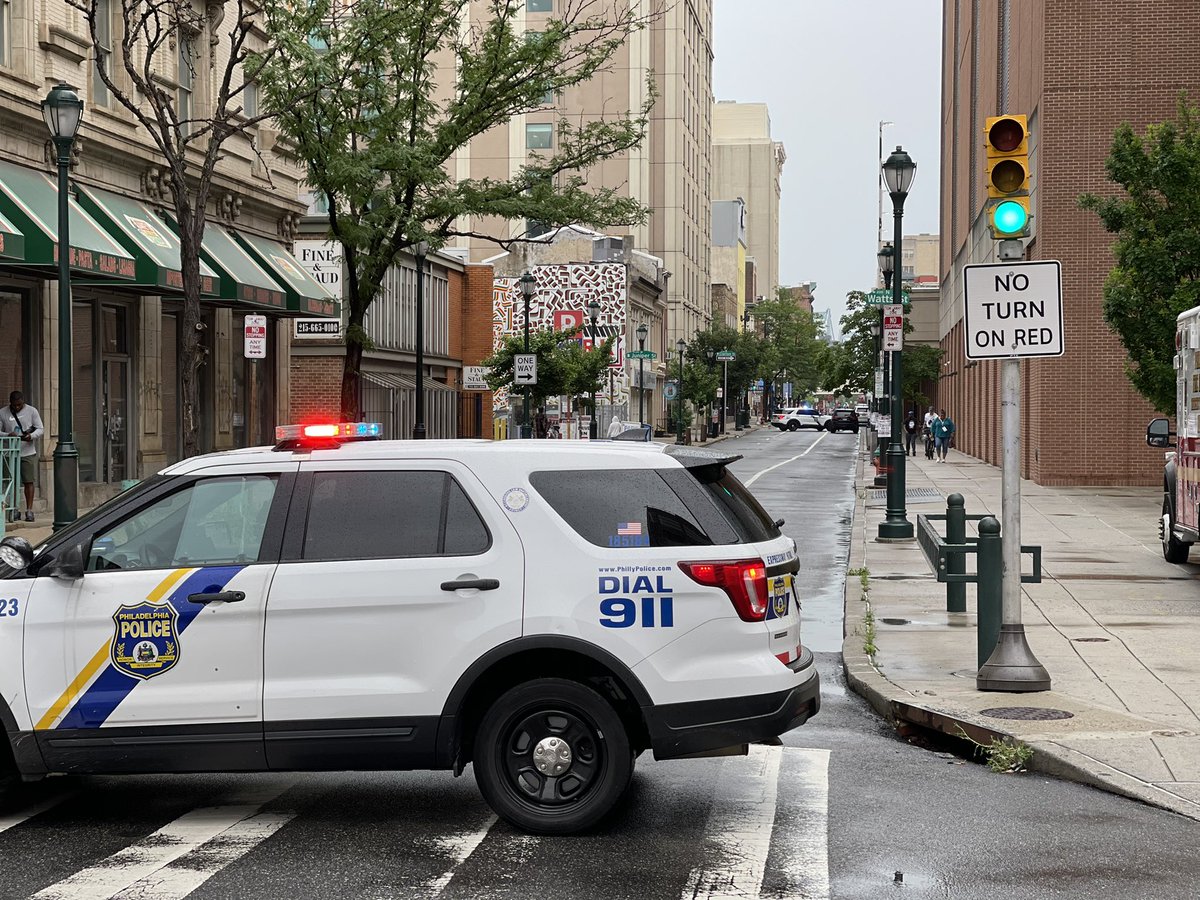 Several streets around the Pennsylvania Convention Center are blocked off to traffic ahead of President Biden's arrival to the AFL-CIO conference