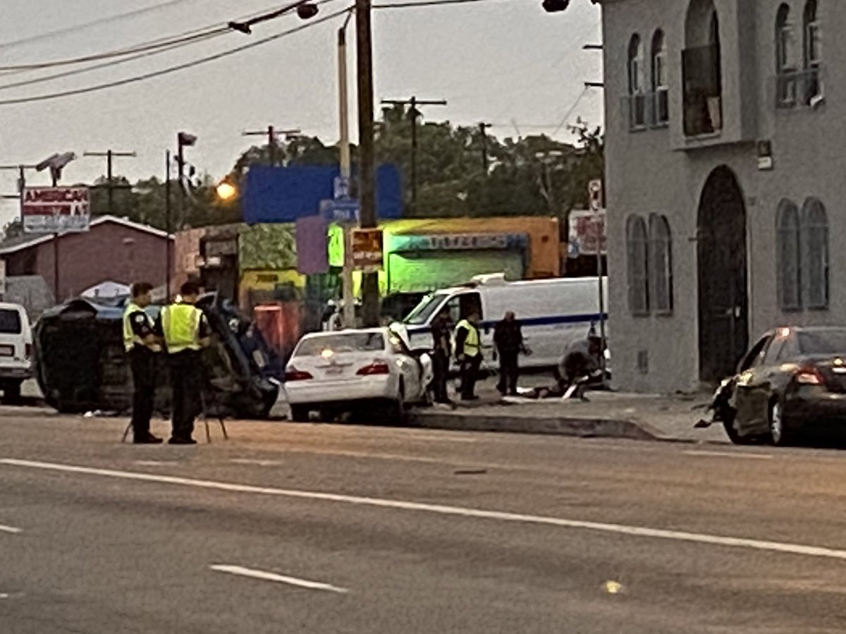 The driver of this white car hit and killed a pedestrian in South LA overnight. Police had been pursuing the stolen car, but they say they had pulled back just before the deadly crash