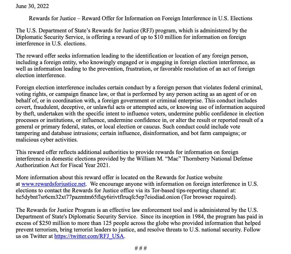 Reward being offered by @StateDept of up to $10 million for information on foreign interference in U.S. elections