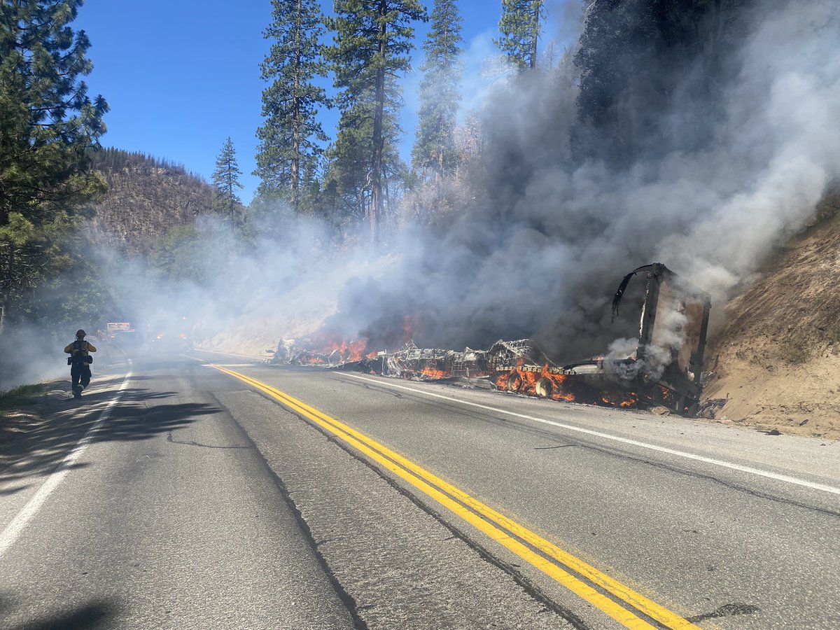 Highway 50 is shut down in both directions just east of Kyburz due to a big-rig / vegetation fire. Crews are on scene. Please use an alternate route