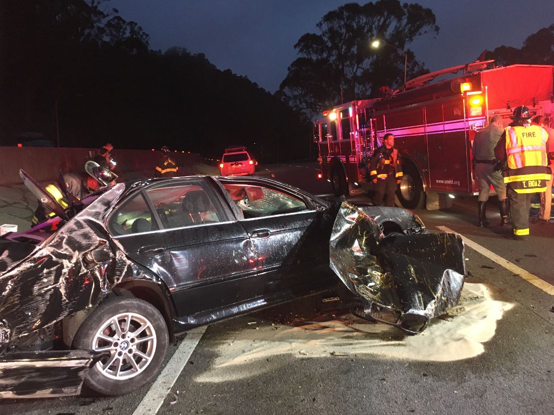 Vehicle rolls over, catches fire, critically injuring occupant in Sausalito. Bystanders and @CHP_GoldenGate had to pull person from wreck.