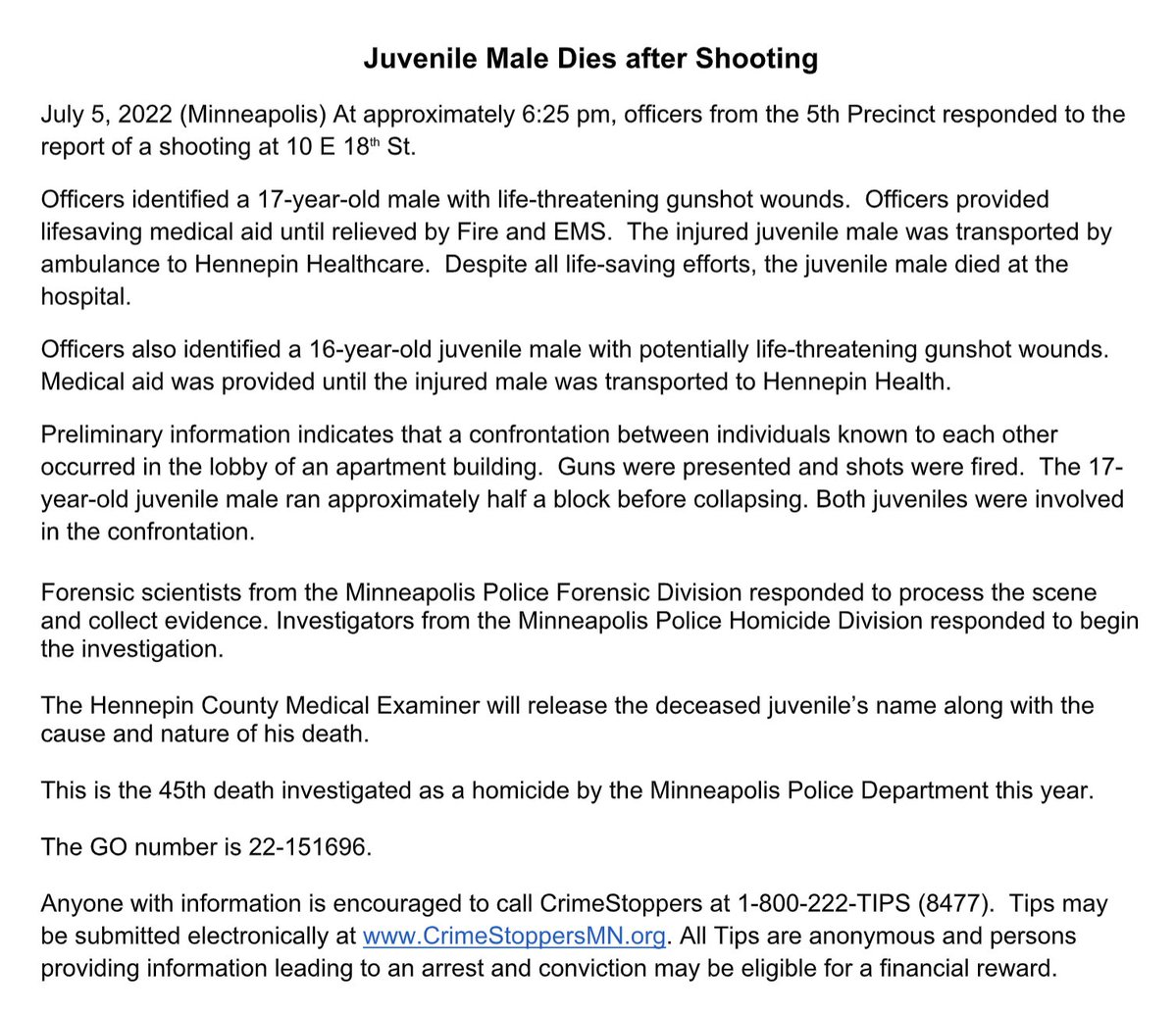 Minneapolis PD confirms a 17-year-old is dead & a 16-year-old has life-threatening injuries after a shooting around 6:30 p.m. at 10 E. 18th St. - Initial info says both teens were involved in a confrontation before the gunfire. It's the 45th homicide in the city so far this year