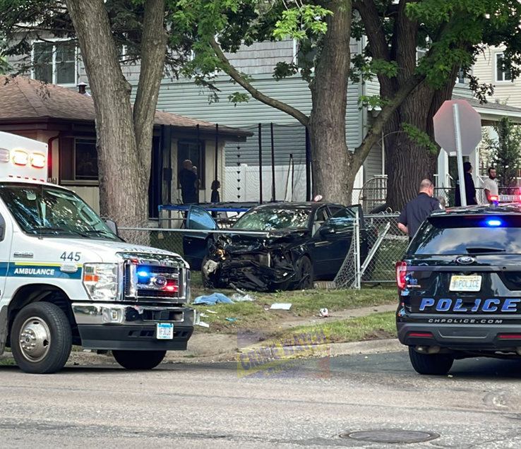 Columbia Heights - Responders on site of a crash. This was a flee from police. BM, pink shirt fled from the scene. 44th and 5th St NE 20:00